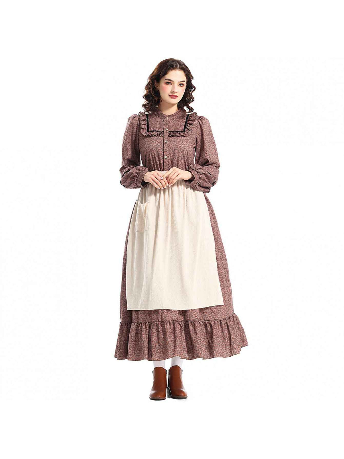 Women's Victorian-Inspired Victorian Maid Dress - Brown & A-Line Full-Length Skirt Set with Ruffled Collar & Waist Belt, Loose-Fit Long Sleeve Costume for Renaissance Fairs, Historical Role-Play & Themed Parties (No Lining)
