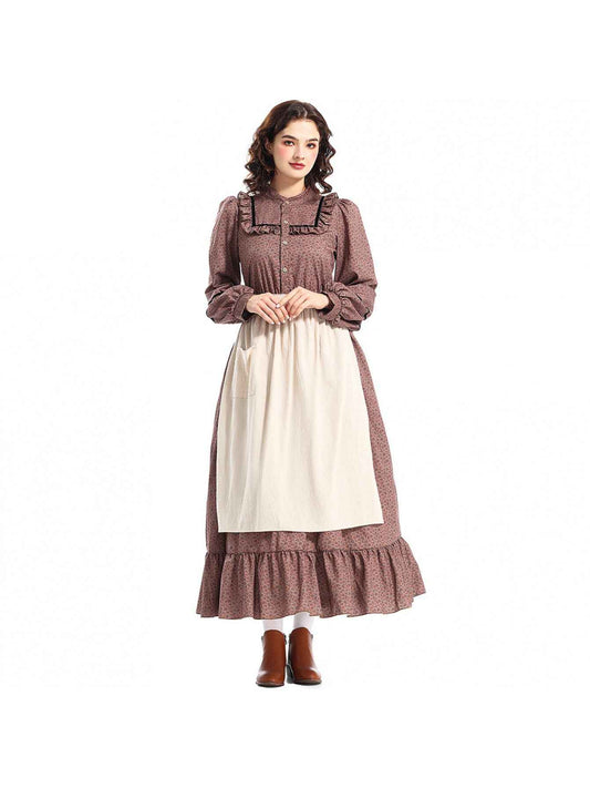 Women's Victorian-Inspired Victorian Maid Dress - Brown & A-Line Full-Length Skirt Set with Ruffled Collar & Waist Belt, Loose-Fit Long Sleeve Costume for Renaissance Fairs, Historical Role-Play & Themed Parties (No Lining)