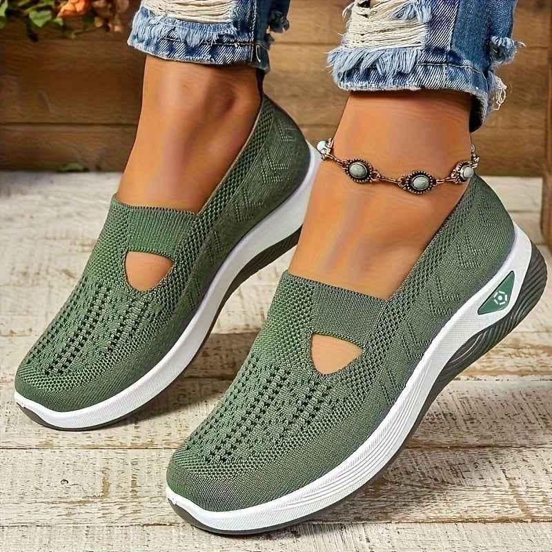 Women'S Breathable Knit Slip-On Sneakers with Non-Slip Rubber Sole, Green Perforated Design & Arch Support - All-Season Comfort Fit Walking Shoes, Cushioned Insole & Arch Cushioning, Mid-Top Style for Casual, Office, Travel -