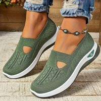Women'S Breathable Knit Slip-On Sneakers with Non-Slip Rubber Sole, Green Perforated Design & Arch Support - All-Season Comfort Fit Walking Shoes, Cushioned Insole & Arch Cushioning, Mid-Top Style for Casual, Office, Travel -