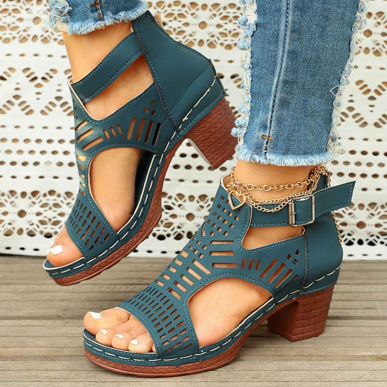 Women'S Summer Open-Toe Heel Sandals- Black Perforated Hollow Design, Ankle Strap And Zipper Closure, Stylish Breathable Casual Outdoor Shoes, Large-Size High-Heeled Sandals, Size US6-US11