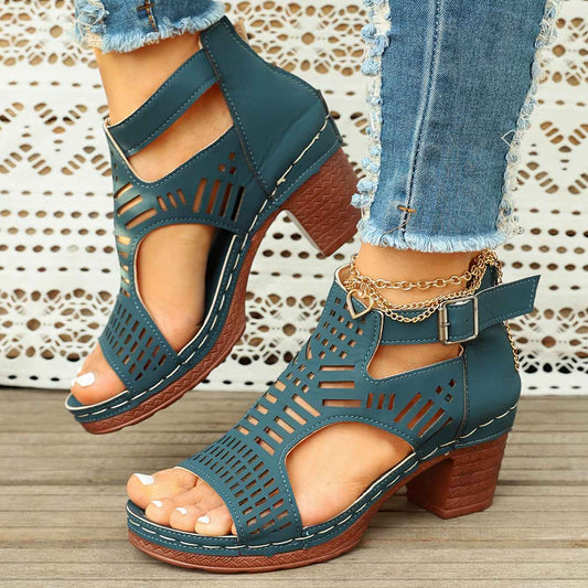 Women'S Summer Open-Toe Heel Sandals- Black Perforated Hollow Design, Ankle Strap And Zipper Closure, Stylish Breathable Casual Outdoor Shoes, Large-Size High-Heeled Sandals, Size US6-US11