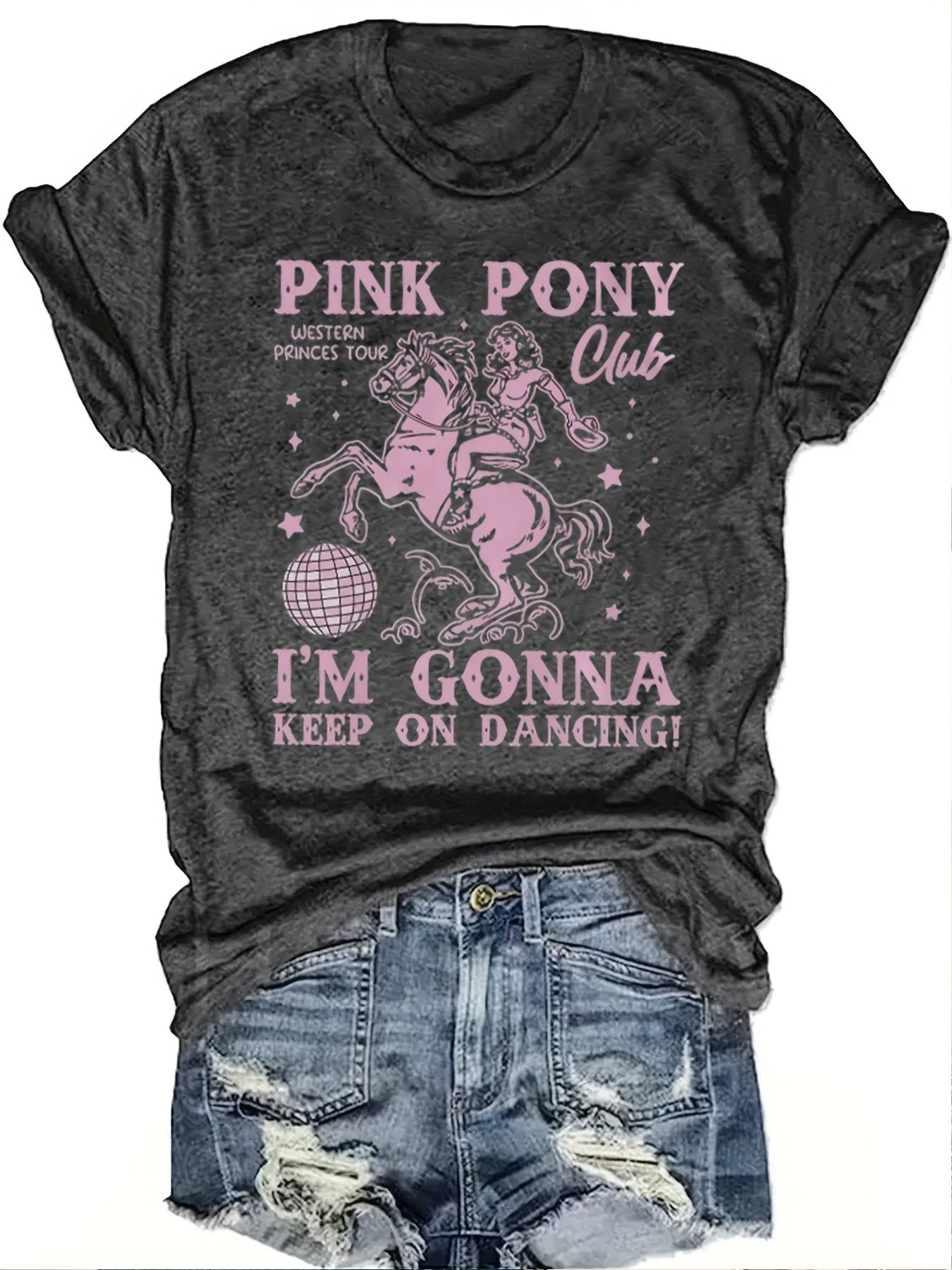 Women's Retro Western Cowgirl Graphic T-Shirt - "Pink Pony Club" Design, Short Sleeve Crew Neck, Casual & Comfortable, Perfect Gift for Friends and Family, Allseasons Top | Playful Graphic Tee | Durable Print Top, Ladies T Sh SS69