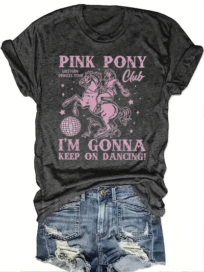 Women's Retro Western Cowgirl Graphic T-Shirt - "Pink Pony Club" Design, Short Sleeve Crew Neck, Casual & Comfortable, Perfect Gift for Friends and Family, Allseasons Top | Playful Graphic Tee | Durable Print Top, Ladies T Sh SS69