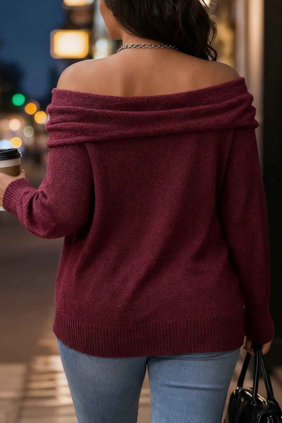 Plus Size, Plus Size Elegant Burgundy Off-the-Shoulder Winter Sweater - Oversized Collar Cardigan Coat, Hand Washable Thick Warm Pullover for Fall/Winter, Rich Red Solid Color (Curvy-Friendly)