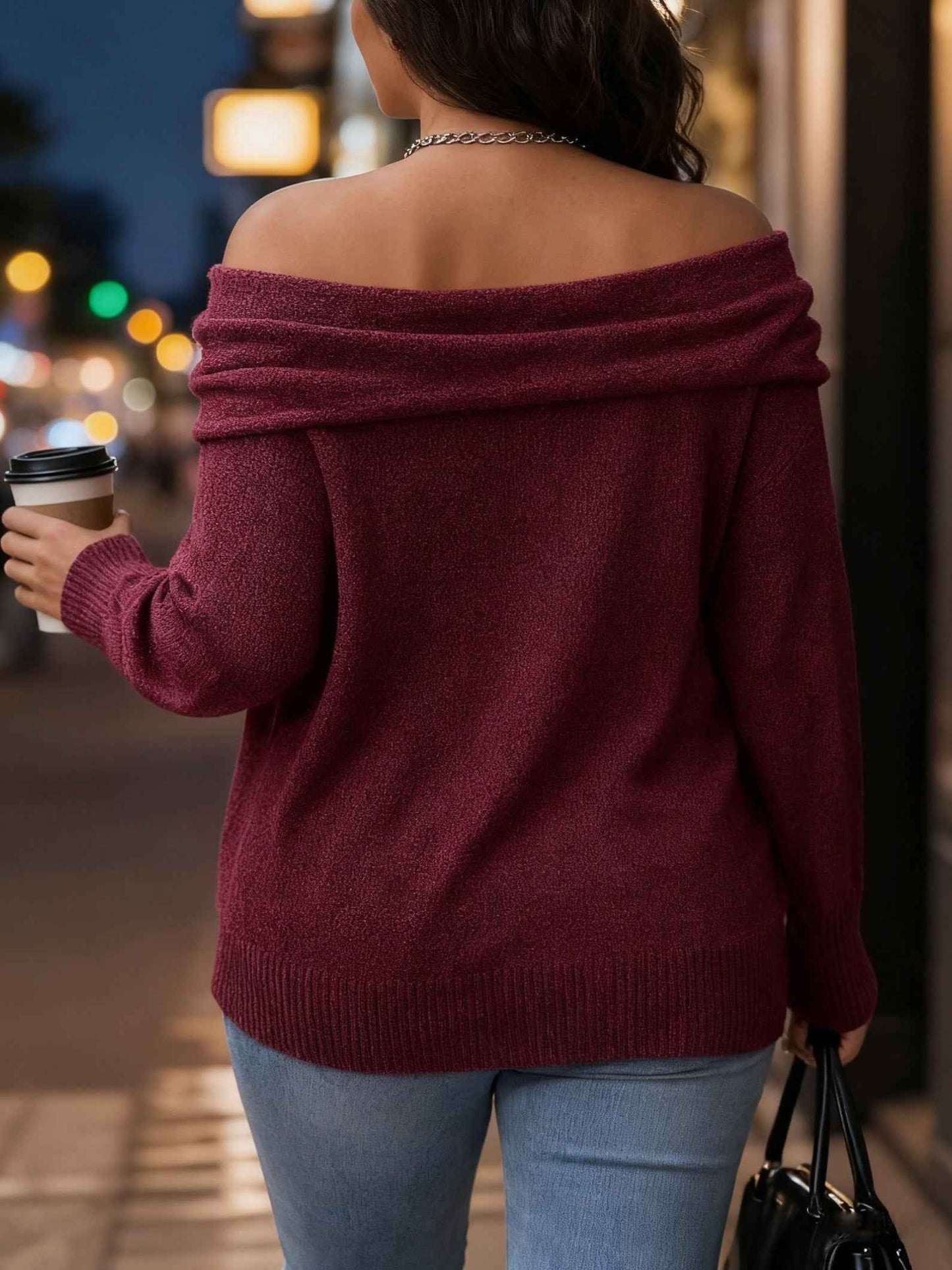 Plus Size, Plus Size Elegant Burgundy Off-the-Shoulder Winter Sweater - Oversized Collar Cardigan Coat, Hand Washable Thick Warm Pullover for Fall/Winter, Rich Red Solid Color (Curvy-Friendly)