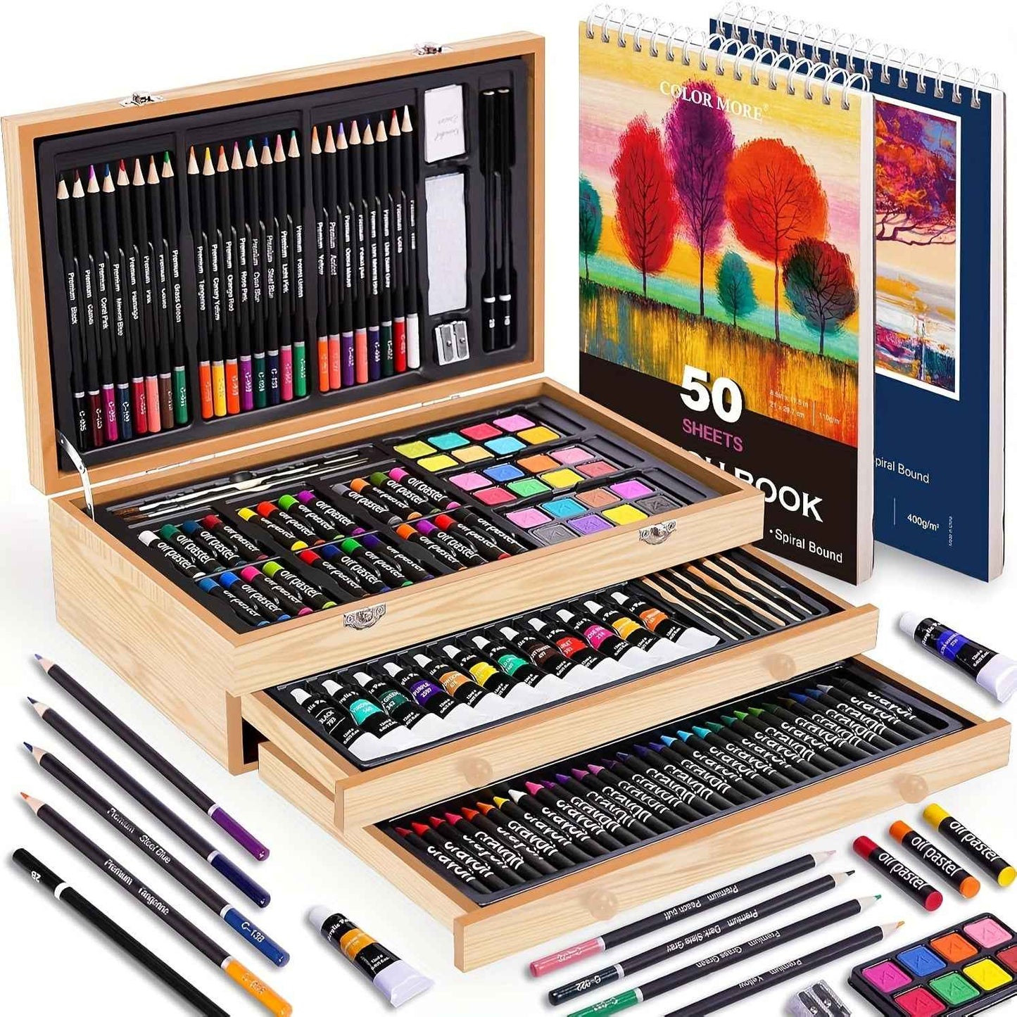 175pcs Deluxe Art Set With 2 Drawing Pads, Crayons, Acrylic Paints, Colored Pencils Set In Wooden Case, Professional Art Kit, Paint Supplies, Gift, Christmas & Halloween, Back To School