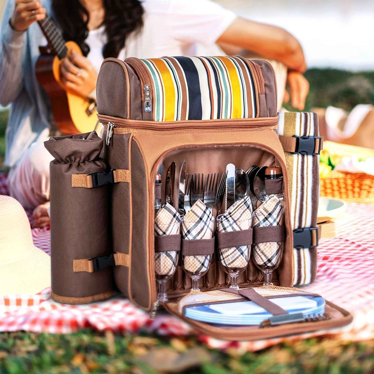 Picnic Basket Backpack With Insulated, Leak-proof Cooler Compartment, Wine Rack, Cutlery Set, and Free Cashmere Blanket, Suitable For 2-4 People, Great Winter Outing Item, Christmas Gift, New Year's Gift, Couple's Gift