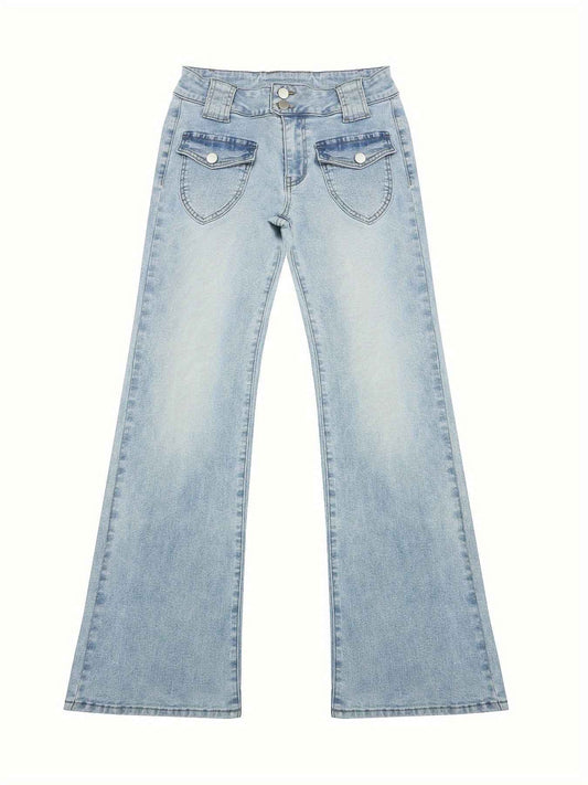 Women's Vintage Y2K Low-Rise Slim-Fit Flared Bell-Bottom Jeans Pants - Full-Length -Sweeping Trousers with Internal Zipper Closure, Machine Washable Retro for Casual Streetwear (Spring Summer Fall)
