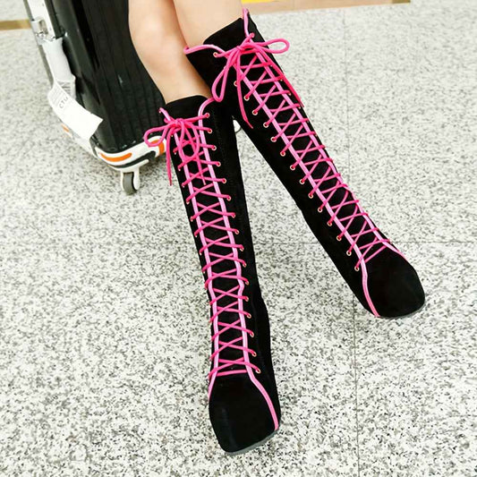 EROCALLI Women'S Gothic Y2K Platform Wedge Heel Knee-High Boots - Chunky Heel Lace-Up with Side Zipper, Faux Cover & Rubber Sole for Casual Party & Daily Wear, High Heel Boots, Party Footwear, Bold Fashion Statement, Durable