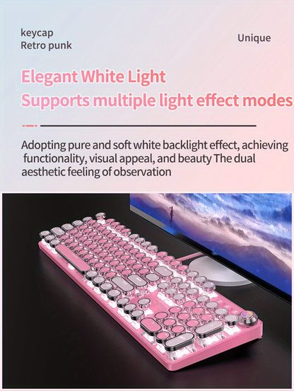 YINDIAO Pink Mechanical Keyboard with Cherry Switches - Retro Punk Design, Backlit Gaming Keyboard for Office & Home Use, Office Keyboard | Pink Keyboard | Nonslip Texture SS69