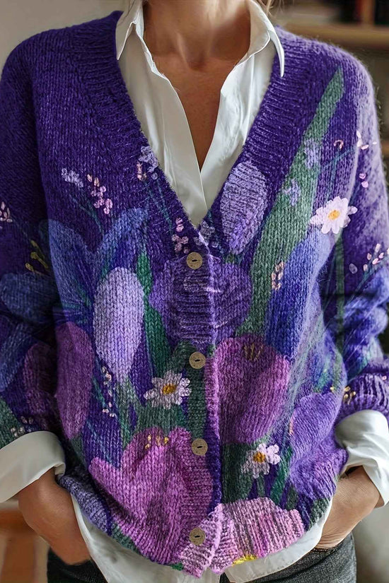 Plus Size - Plus Size - Plus Size - Plus Size - Plus Size, Women'S Elegant V-Neck Cardigan with Vibrant Floral Print - Button-Up Sweater for Fall/Winter, Long Sleeve, All-Over Pattern, Cozy Fall Wear | Vibrant Floral Print |