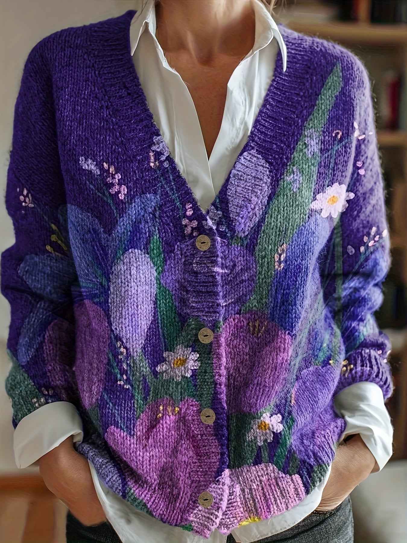 Plus Size - Plus Size - Plus Size - Plus Size - Plus Size, Women'S Elegant V-Neck Cardigan with Vibrant Floral Print - Button-Up Sweater for Fall/Winter, Long Sleeve, All-Over Pattern, Cozy Fall Wear | Vibrant Floral Print |