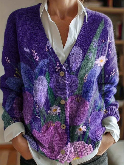 Plus Size - Plus Size - Plus Size - Plus Size - Plus Size, Women'S Elegant V-Neck Cardigan with Vibrant Floral Print - Button-Up Sweater for Fall/Winter, Long Sleeve, All-Over Pattern, Cozy Fall Wear | Vibrant Floral Print |