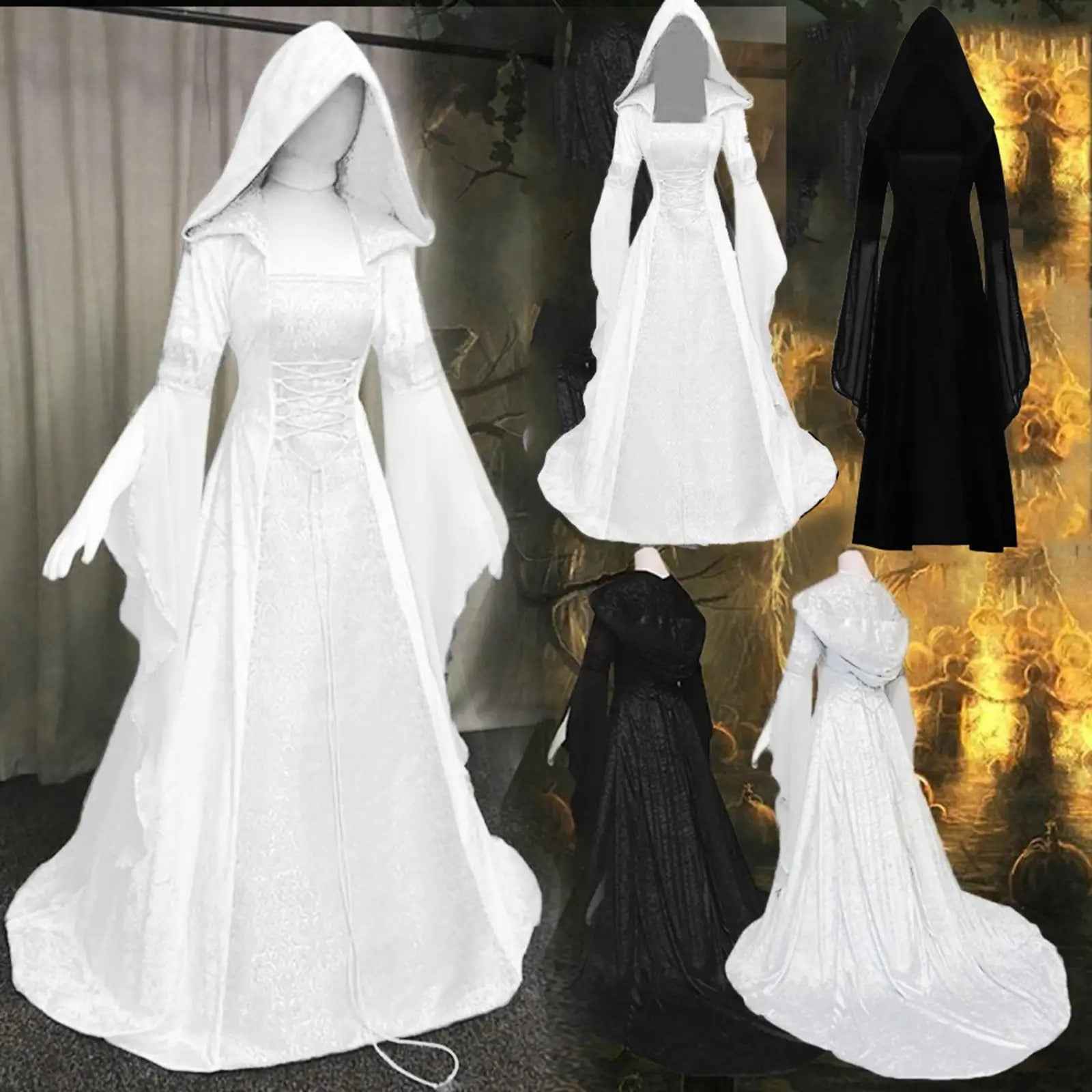 Women's Medieval Renaissance Wedding Dress & Costume - Off-Shoulder/Boat Neck Hooded Waist A-Line Dress with Slim-Fit Bodice & Flowing Train, Machine Washable Renaissance Faire Outfit for Renaissance-Themed Events, Weddings,