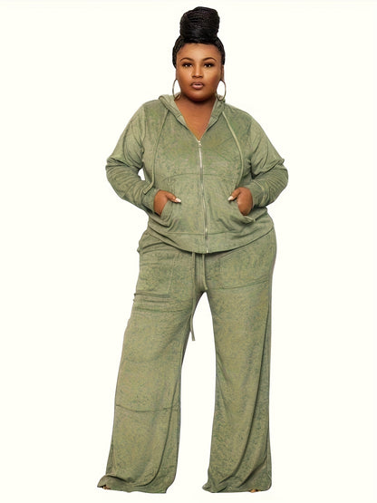 Plus Size - New Autumn And Winter Women'S Clothing in Large Sizes Featuring Solid Color Casual High-Waisted Wide-Leg Pants in a Two-Piece Set.