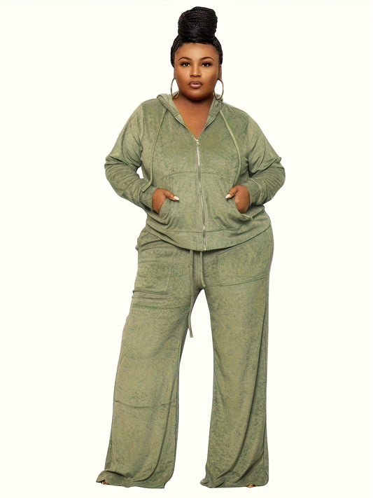 Plus Size - New Autumn And Winter Women'S Clothing in Large Sizes Featuring Solid Color Casual High-Waisted Wide-Leg Pants in a Two-Piece Set.