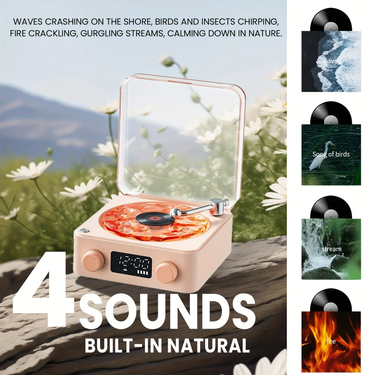 1pc Multifunctional White Noise Stereo Wireless Speaker, 4 Natural Sounds, Immersive RGB Projection, Adjustable Ambient Lighting, Wireless Audio, Supports 4 Play Modes, Retro Turntable Appearance, Can Be Used As Holiday Gifts SS69