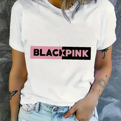 Blackpink Graphic Women's T-Shirt - Casual Short Sleeve Round Neck, Stretchy Polyester Blend, Embossed Floral & Letter Design, Perfect for Spring/Summer/Fall SS69 12.69 White / XXL