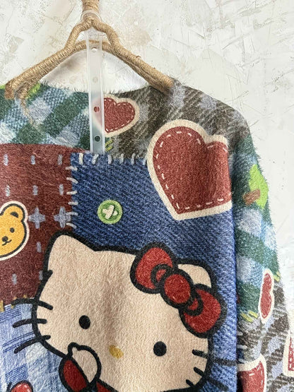 Plus Size, Women's Plus Size Elegant Oversized Plush Cat & Floral Sweater - Loose Fit Round Neck Long Sleeve Pullover, Cozy Winter Sweaters Suitable for Fall/Winter, Casual & Semi-Formal Wear