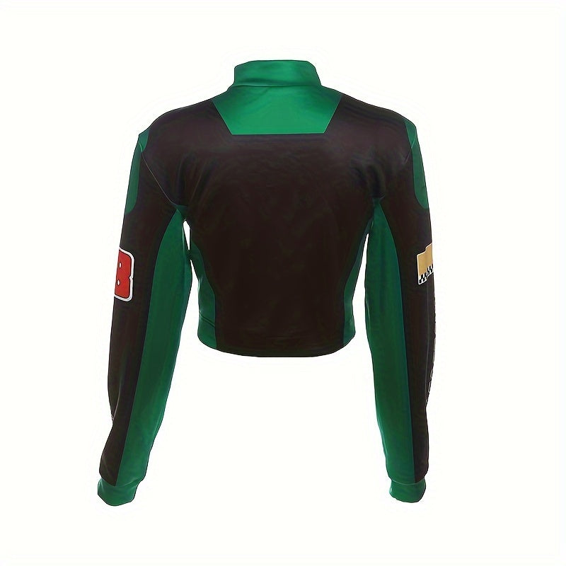 Women's Trendy Streetwear Letter Print Cropped Bomber Jacket - Red & White Casual Zip-Up with Graphic Design, Lightweight Polyester Blend for All Seasons, Fashion Forward Clothing | Trendy Casual Jacket | Polyester Blend Jack SS69