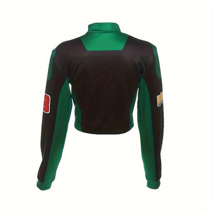 Women's Trendy Streetwear Letter Print Cropped Bomber Jacket - Red & White Casual Zip-Up with Graphic Design, Lightweight Polyester Blend for All Seasons, Fashion Forward Clothing | Trendy Casual Jacket | Polyester Blend Jack SS69