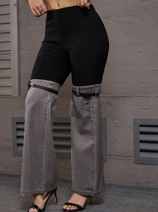 Trendy Two Tone High Elastic Waist Jeans - Women Patchwork Streetwear Style With Garter Belt Detail SS69