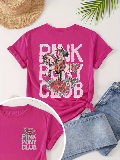 Fashionable Casual Short-Sleeve Summer T-Shirt for Women with a Round Neck, Featuring a Printed Design of a Western Cowgirl on The Front And Back. SS69