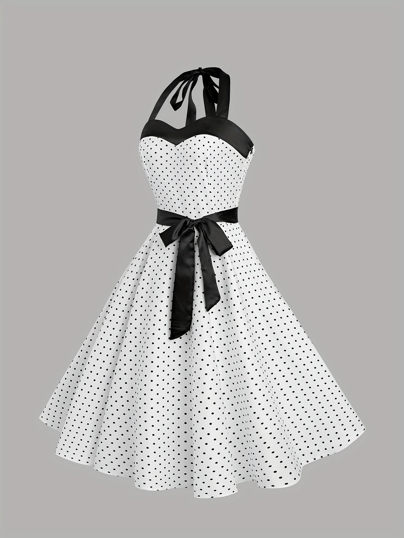 Elegant Retro Polka Dot Dress for Women with Ribbon Waist - Halter Neck, A-Line Skirt, Machine Washable, Polyester - Black & White, Perfect for Spring/Summer/Fall Events SS69