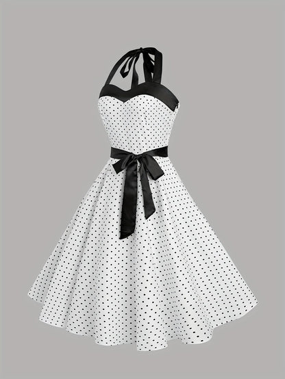 Elegant Retro Polka Dot Dress for Women with Ribbon Waist - Halter Neck, A-Line Skirt, Machine Washable, Polyester - Black & White, Perfect for Spring/Summer/Fall Events SS69