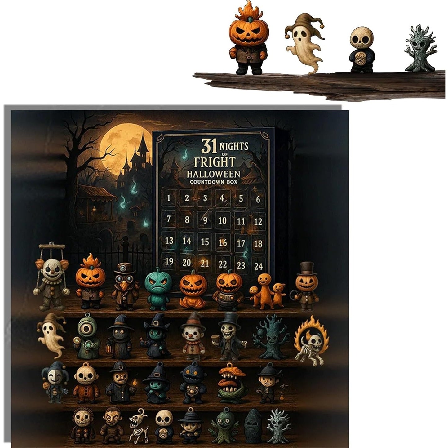 31 Nights of Fright Halloween Countdown Box with Figurines - Spooky Resin Advent Calendar, 2025 Gift Box with Hanging Charms & Mini Decorations, No Electricity Needed, Perfect for Halloween Party Favors, Halloween Decorations SS69