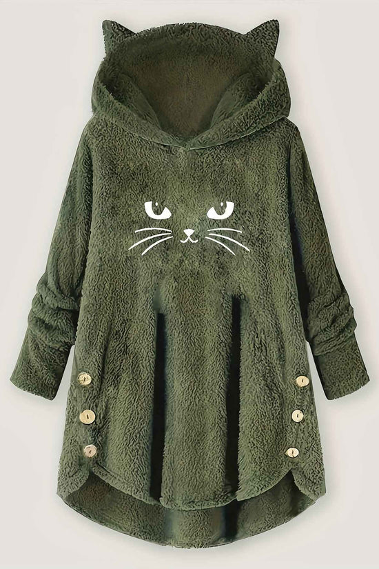 Plus Size, Women's Plus Size Cat Print Button Detail Hem Plush Casual Long Sleeve Hooded Sweatshirt