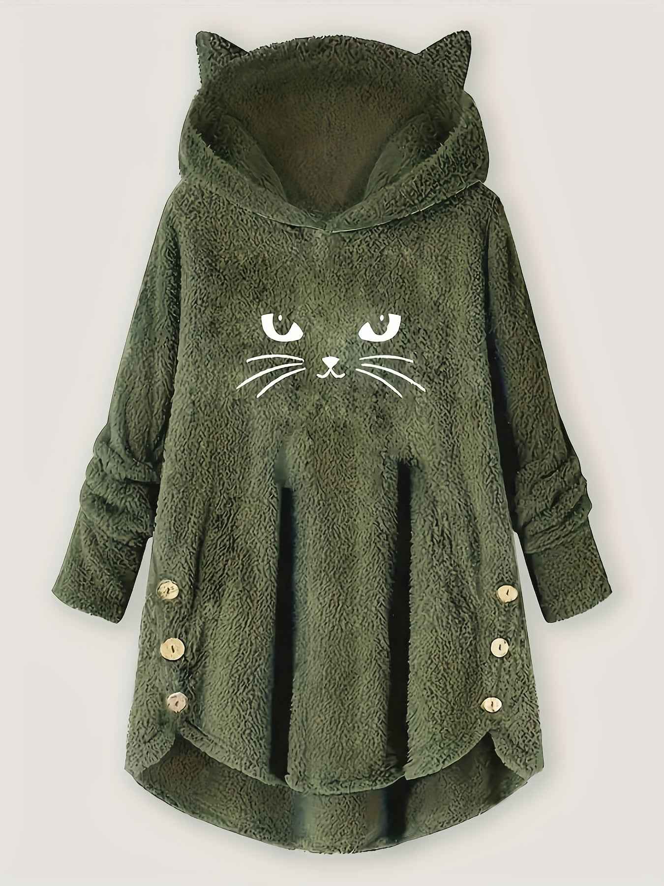 Plus Size, Women's Plus Size Cat Print Button Detail Hem Plush Casual Long Sleeve Hooded Sweatshirt