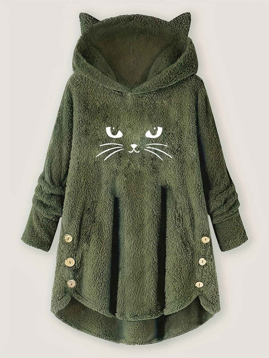 Plus Size, Women's Plus Size Cat Print Button Detail Hem Plush Casual Long Sleeve Hooded Sweatshirt