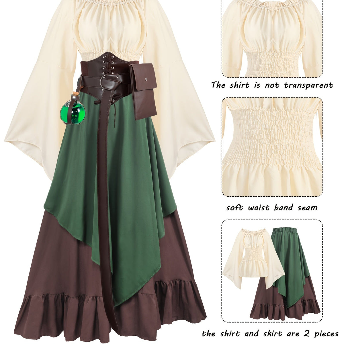 Women's Medieval Renaissance Costume - Green, X-Large, Includes Blouse, Skirt, Pouch, Corset Belt for Halloween SS69