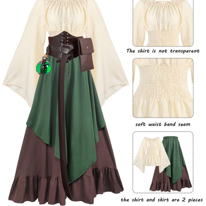 Women's Medieval Renaissance Costume - Green, X-Large, Includes Blouse, Skirt, Pouch, Corset Belt for Halloween SS69