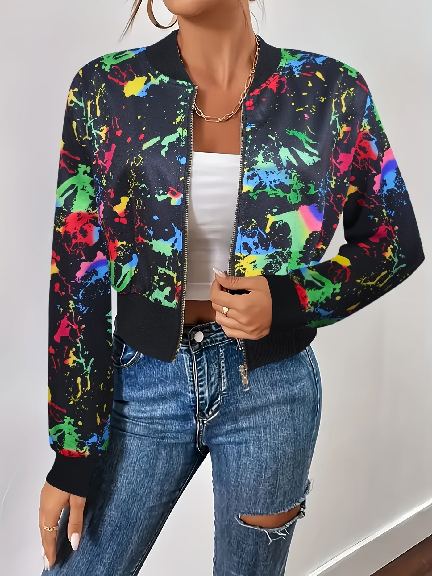 Casual Graffiti Print Long Sleeve - Bomber Jacket Zip Up Outerwear, Women's Clothing SS69