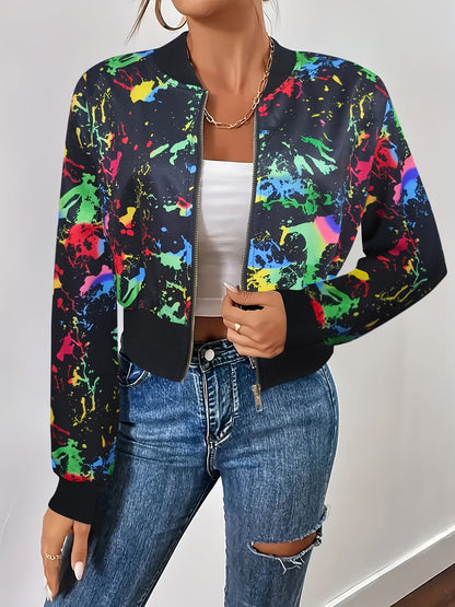 Casual Graffiti Print Long Sleeve - Bomber Jacket Zip Up Outerwear, Women's Clothing SS69