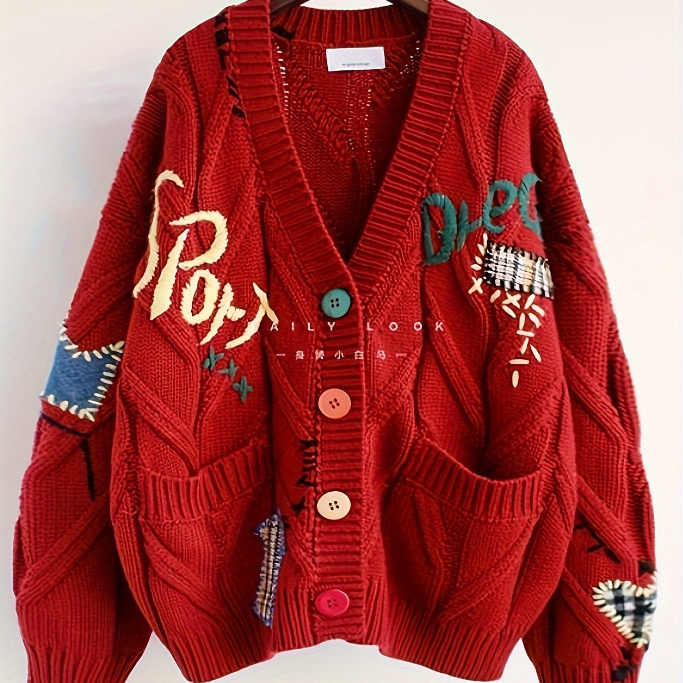 Fashionable Lazy Wind Embroidered Sweater Women's Autumn Winter 2024 New Letter Design Sense Loose Knit Sweater Jacket SS69 22.69 One-size / 【Red】