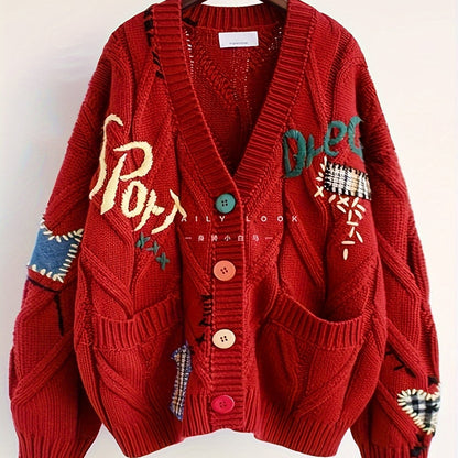 Fashionable Lazy Wind Embroidered Sweater Women's Autumn Winter 2024 New Letter Design Sense Loose Knit Sweater Jacket SS69 22.69 One-size / 【Red】