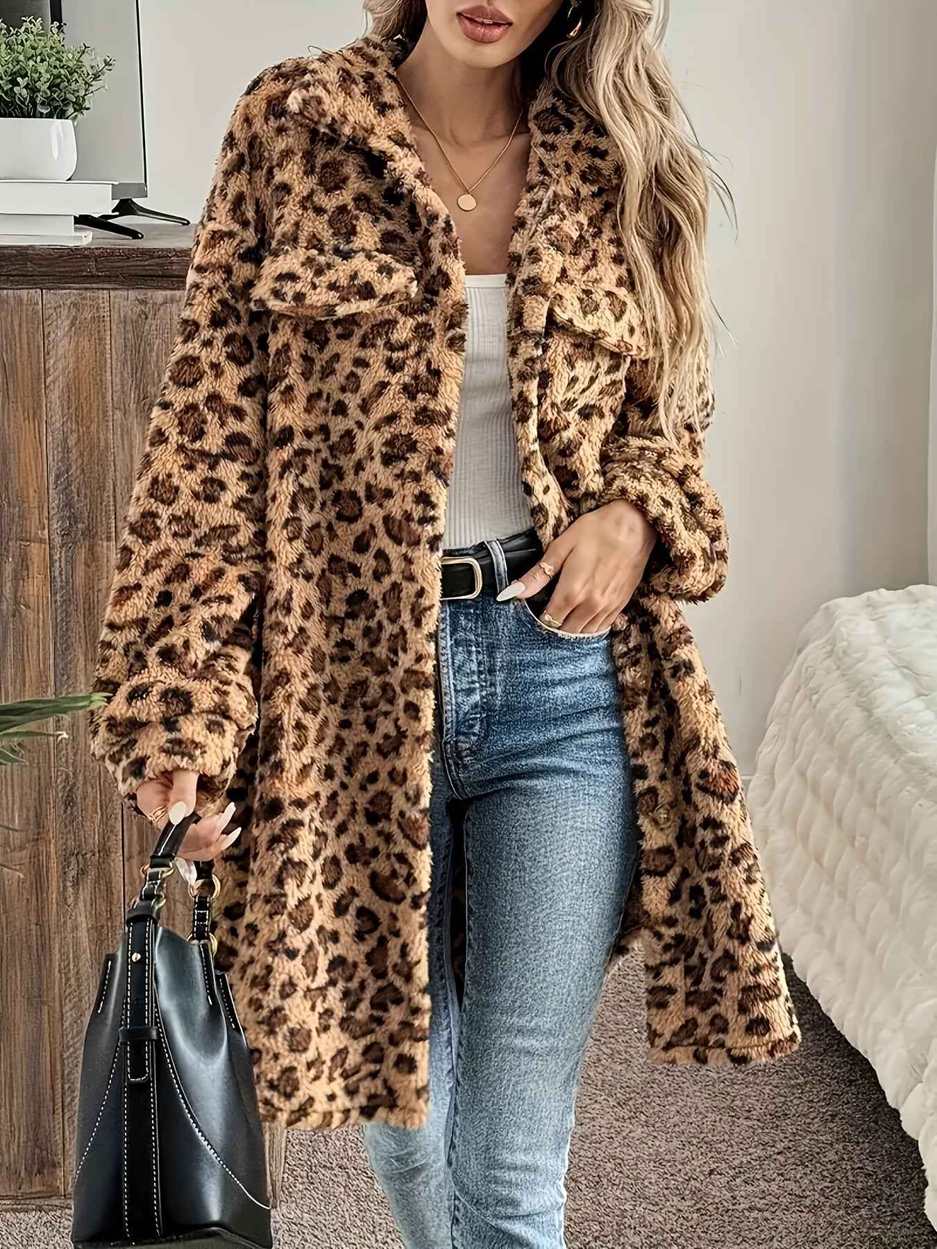 Plus Size - Plus Size - Plus Size - Plus Size - Plus Size - Women'S Plus Size Leopard Print Coat - Casual Long Sleeve Button-Up Jacket with Lapel Collar, Medium Stretch Fabric, Perfect For Fall/winter, Leopard Print Jacket, W