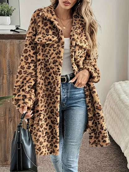 Plus Size - Plus Size - Plus Size - Plus Size - Plus Size - Women'S Plus Size Leopard Print Coat - Casual Long Sleeve Button-Up Jacket with Lapel Collar, Medium Stretch Fabric, Perfect For Fall/winter, Leopard Print Jacket, W