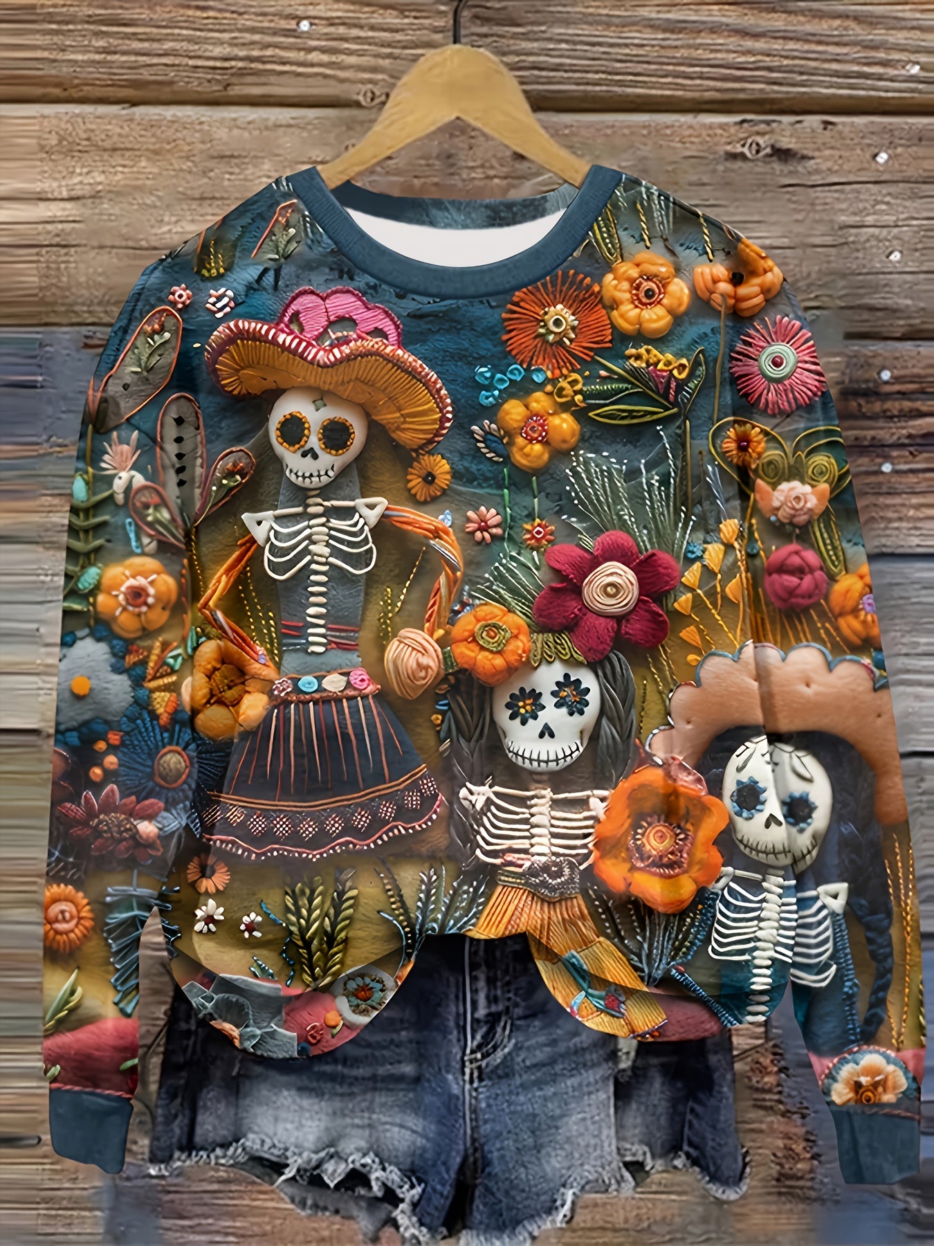 Women'S Halloween Sweatshirt - Mexican Day of the Dead Pullover with Floral & Skeleton Designs in Orange/Red/Blue/Purple/ - Cozy Fall Party Outfit for Halloween, Dia de los Muertos, Casual Attire - Year-Round Casual Sweater, SS69