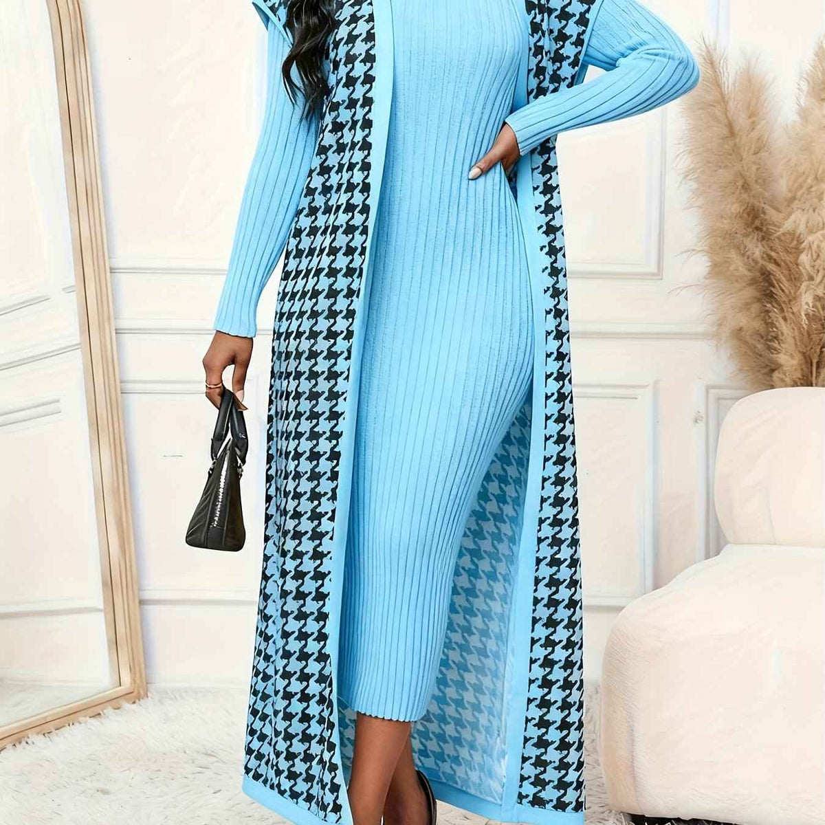 Women's Elegant Houndstooth Print Cardigan Vest - Oversized Collar Long Sleeveless Jacket, Black/White/Yellow/Beige, Fall Winter Warm Coat, Machine Washable Blazer for Casual & Formal Wear