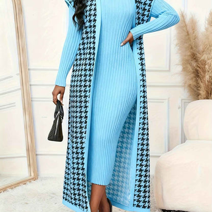 Women's Elegant Houndstooth Print Cardigan Vest - Oversized Collar Long Sleeveless Jacket, Black/White/Yellow/Beige, Fall Winter Warm Coat, Machine Washable Blazer for Casual & Formal Wear