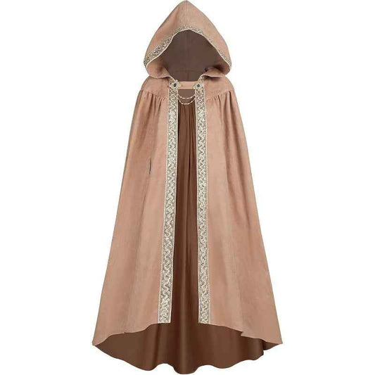 Medieval-Style Hooded Cape Costume, Celtic Knot & Satin Trim, Adjustable Tie-Front Closure, Renaissance Faire Outfit for Renaissance Festival Cosplay Themed Parties, Beige Pink Dark Green Burgundy