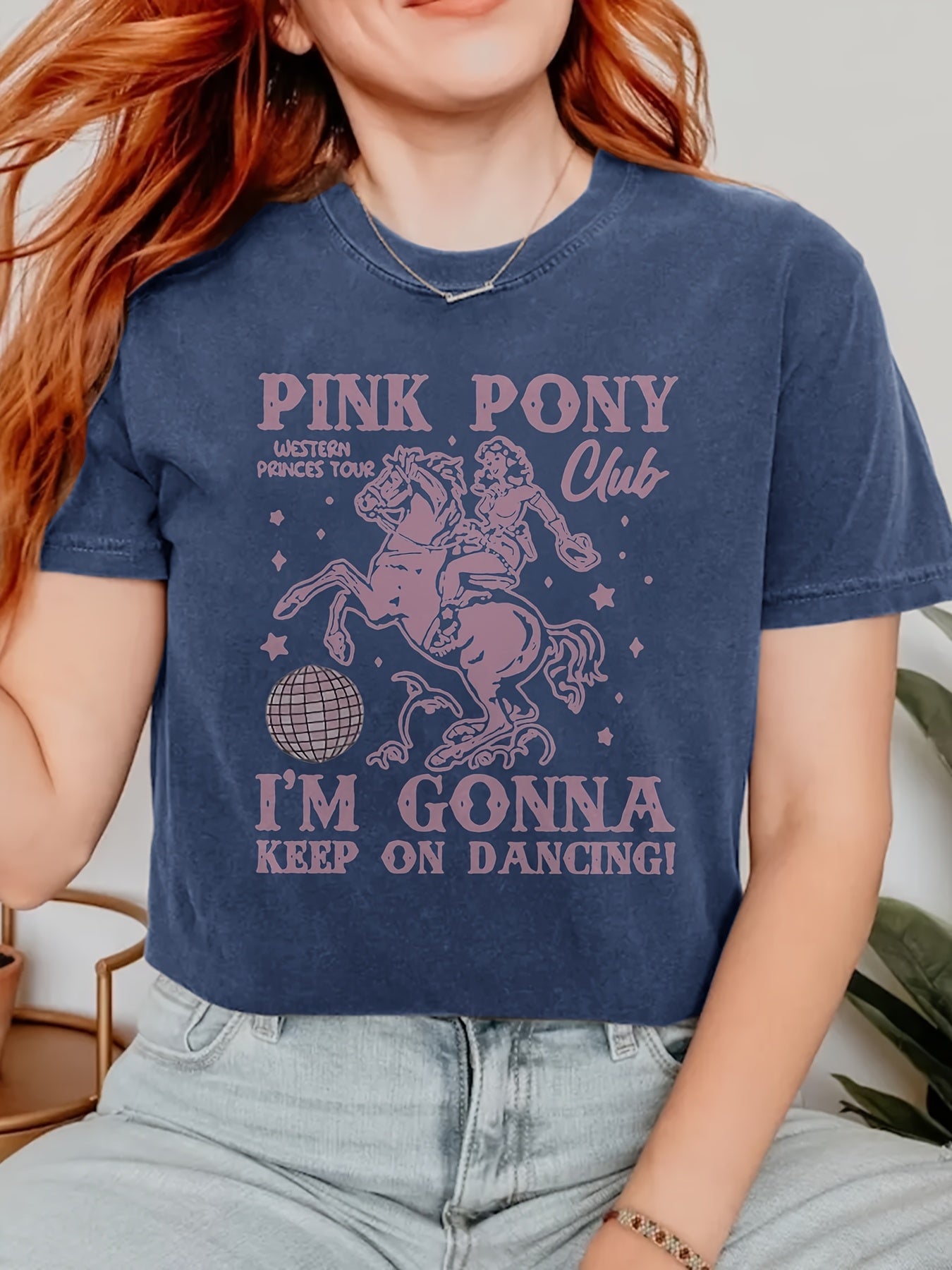 Women's Retro Western Cowgirl Graphic T-Shirt - "Pink Pony Club" Design, Short Sleeve Crew Neck, Casual & Comfortable, Perfect Gift for Friends and Family, Allseasons Top | Playful Graphic Tee | Durable Print Top, Ladies T Sh SS69