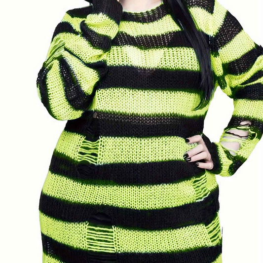 [Gothic Knitted Top] Gothic Long Loose-Fitting Knitted Top - Round Neck, Unique Torn Design with Contrasting Stripes