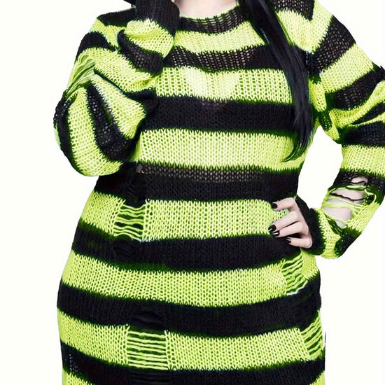 [Gothic Knitted Top] Gothic Long Loose-Fitting Knitted Top - Round Neck, Unique Torn Design with Contrasting Stripes