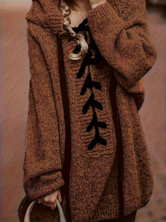 Plus Size, Plus-Size Women's Elegant Hooded Sweater - Long Sleeve Pullover with Adjustable Drawstring Hood, Soft Stretchy Fabric, Machine Washable, Solid Color Casual Winter Fall Tops, Sweater Hoodie, Autumn Apparel, Minimali